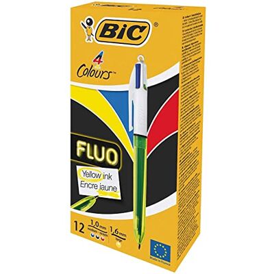 BIC 4 Couleurs Fluo Stylos-Bille Rétractables Encres Noire, Bleue, Rouge et Jaune Fluo, Boîte de 12 - Publicité BIC 4 Couleurs Fluo Stylos-Bille Rétractables Encres Noire, Bleue, Rouge et Jaune Fluo, Boîte de 12 - Publicité