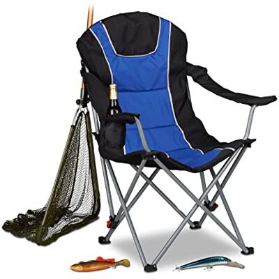 Relaxdays Chaise de camping pliable fauteuil de pêche rembourré avec porte-boissons dossier réglable HxlxP: 108 x 90 x 72 cm, bleu noir - Publicité Relaxdays Chaise de camping pliable fauteuil de pêche rembourré avec porte-boissons dossier réglable HxlxP: 108 x 90 x 72 cm, bleu noir - Publicité