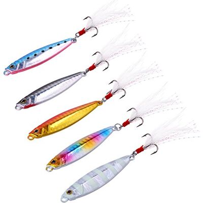 Sougayilang Leurres de pêche avec cuillères en métal qui coulent, micro leurres de jigging, B-2,56in/0,88oz 5 pièces avec boîte - Publicité Sougayilang Leurres de pêche avec cuillères en métal qui coulent, micro leurres de jigging, B-2,56in/0,88oz 5 pièces avec boîte - Publicité