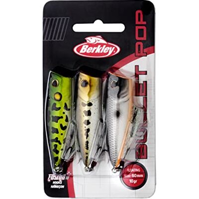 Berkley Pack de leurre Dur Bullet Pop par 3 pour la pêche des carnassiers au leurre en Surface, 60mm - Publicité Berkley Pack de leurre Dur Bullet Pop par 3 pour la pêche des carnassiers au leurre en Surface, 60mm - Publicité
