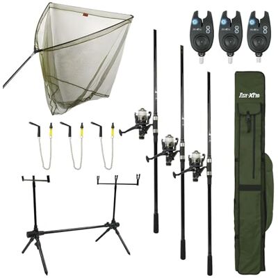 FISH-XPRO Karper Set Deluxe 3-Rod Le kit de pêche le plus complet Ensemble de canne à pêche à la carpe noir Détecteurs de morsure Échangistes Rodpod Supports arrière Foudrale Épuisette - Publicité FISH-XPRO Karper Set Deluxe 3-Rod Le kit de pêche le plus complet Ensemble de canne à pêche à la carpe noir Détecteurs de morsure Échangistes Rodpod Supports arrière Foudrale Épuisette - Publicité