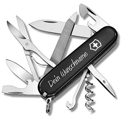 Victorinox MOUNTAINEER Couteau de poche avec impression personnalisée sur la coque, cadeau pour hommes et femmes, pour anniversaire, couteau suisse avec 18 fonctions (noir) - Publicité Victorinox MOUNTAINEER Couteau de poche avec impression personnalisée sur la coque, cadeau pour hommes et femmes, pour anniversaire, couteau suisse avec 18 fonctions (noir) - Publicité