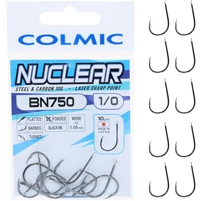 Colmic 10 hameçons de pêche en Acier Carbone BN750 Taille 1/0, Finition Noir Nickel – Plat, forcé, barbé, tourné – Haute étanchéité et pénétration- Produit Officiel Colmic - Publicité Colmic 10 hameçons de pêche en Acier Carbone BN750 Taille 1/0, Finition Noir Nickel – Plat, forcé, barbé, tourné – Haute étanchéité et pénétration- Produit Officiel Colmic - Publicité