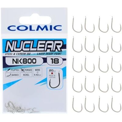 Colmic – 20 Hameçons de pêche NK800 en Acier Carbone Taille 18, avec Finition Nickel – Flatted, Forged, Barb – Idéal pour la Carpe et la pêche de Puissance – Produit Officiel Colmic - Publicité Colmic – 20 Hameçons de pêche NK800 en Acier Carbone Taille 18, avec Finition Nickel – Flatted, Forged, Barb – Idéal pour la Carpe et la pêche de Puissance – Produit Officiel Colmic - Publicité