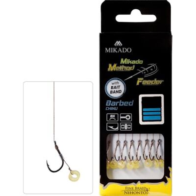 Mikado 8 x Method Feeder 36 crochets Rig' s avec Pellet-/Bait Band et cordon tressé Disponible dans les tailles du 4 au 16, 12/Ø 0,12mm/8,8kg - Publicité Mikado 8 x Method Feeder 36 crochets Rig' s avec Pellet-/Bait Band et cordon tressé Disponible dans les tailles du 4 au 16, 12/Ø 0,12mm/8,8kg - Publicité