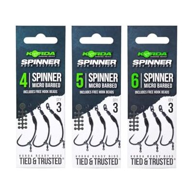 Korda Sections de hameçon Spinner prêt à l'emploi : 4 hameçons sans ardillon – bas de ligne pré-noués pour la pêche à la carpe avec hameçons Spinner, Krank et Kurv – Installation rapide et facile de - Publicité Korda Sections de hameçon Spinner prêt à l'emploi : 4 hameçons sans ardillon – bas de ligne pré-noués pour la pêche à la carpe avec hameçons Spinner, Krank et Kurv – Installation rapide et facile de - Publicité