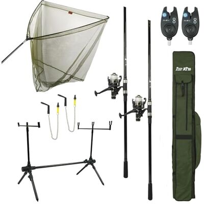 FISH-XPRO Karper Set Deluxe 2-Rod Le kit de pêche le plus complet Ensemble de canne à pêche à la carpe Noir Détecteurs de morsure Échangistes Rodpod Supports arrière Foudrale Épuisette - Publicité FISH-XPRO Karper Set Deluxe 2-Rod Le kit de pêche le plus complet Ensemble de canne à pêche à la carpe Noir Détecteurs de morsure Échangistes Rodpod Supports arrière Foudrale Épuisette - Publicité