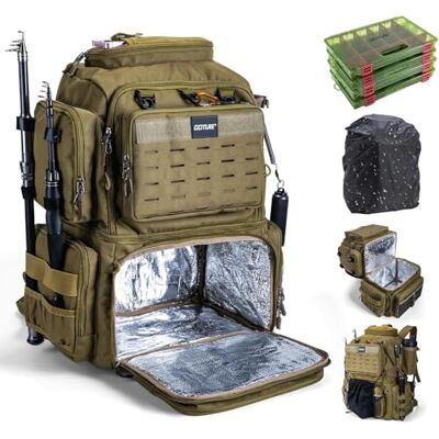 Goture Sac à Dos de pêche Double étage 53L imperméable avec Compartiments exclusifs, Couche Isolante et Housse de Pluie, revêtement 600D Oxford EVA, 2 Porte-Cannes, Espace pour 4 boîtes d'appâts - Publicité Goture Sac à Dos de pêche Double étage 53L imperméable avec Compartiments exclusifs, Couche Isolante et Housse de Pluie, revêtement 600D Oxford EVA, 2 Porte-Cannes, Espace pour 4 boîtes d'appâts - Publicité
