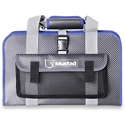Mustad Jig Bag, Water-Resistant 500-Denier Tarpaulin, Click Lock Strap Closure, Practical Outer Mesh Pocket, Holds 35 Jigs, Grey/Blue, Size Large - Publicité Mustad Jig Bag, Water-Resistant 500-Denier Tarpaulin, Click Lock Strap Closure, Practical Outer Mesh Pocket, Holds 35 Jigs, Grey/Blue, Size Large - Publicité