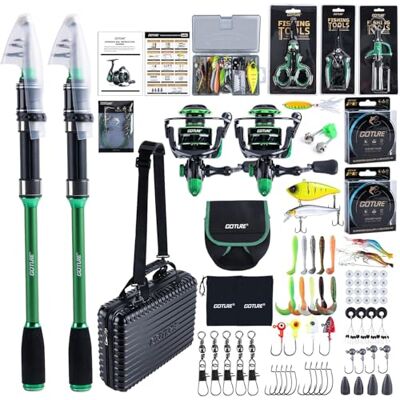 Goture Ensemble de Pêche Professionnel avec 2 Canne à Pêche Télescopique en Fibre de Carbone 24T (1.8m-2.7m) + Moulinet Spinning 9+1 Roulements Complet avec Ligne 150m/14kg, Outils et Housse - Publicité Goture Ensemble de Pêche Professionnel avec 2 Canne à Pêche Télescopique en Fibre de Carbone 24T (1.8m-2.7m) + Moulinet Spinning 9+1 Roulements Complet avec Ligne 150m/14kg, Outils et Housse - Publicité