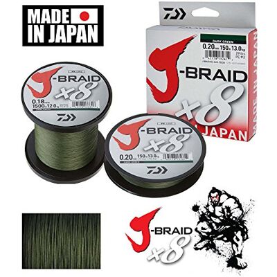 Daiwa J-Braid X8 0.18mm, 12.0kg / 26.5lbs, 1500m vert foncé, ligne de pêche tressée ronde - Publicité Daiwa J-Braid X8 0.18mm, 12.0kg / 26.5lbs, 1500m vert foncé, ligne de pêche tressée ronde - Publicité
