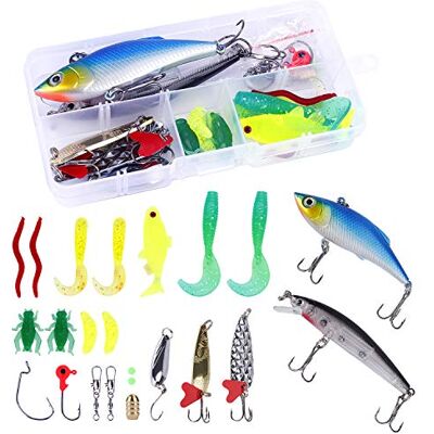 HONGXIN-SHOP Kit de Leurre 24 Pcs Leurres de Pêche Kit Souple Dure Appât Emerillons Crochets et Boîte de Rangement pour la Pêche en Eau Douce et Eau de Mer - Publicité HONGXIN-SHOP Kit de Leurre 24 Pcs Leurres de Pêche Kit Souple Dure Appât Emerillons Crochets et Boîte de Rangement pour la Pêche en Eau Douce et Eau de Mer - Publicité