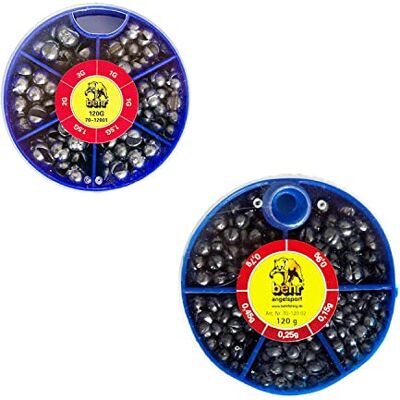 Behr Assortiment de 2 plombs de pêche à la ferraille 2 x 120 g Gros moyens Dans des boîtes rotatives - Publicité Behr Assortiment de 2 plombs de pêche à la ferraille 2 x 120 g Gros moyens Dans des boîtes rotatives - Publicité