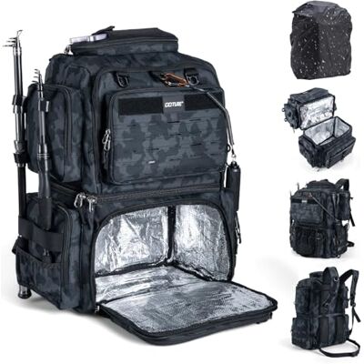 Goture Sac à Dos de pêche Double étage 53L imperméable avec Compartiments exclusifs, Couche Isolante et Housse de Pluie, revêtement 600D Oxford EVA, 2 Porte-Cannes, Espace pour 4 boîtes d'appâts - Publicité Goture Sac à Dos de pêche Double étage 53L imperméable avec Compartiments exclusifs, Couche Isolante et Housse de Pluie, revêtement 600D Oxford EVA, 2 Porte-Cannes, Espace pour 4 boîtes d'appâts - Publicité
