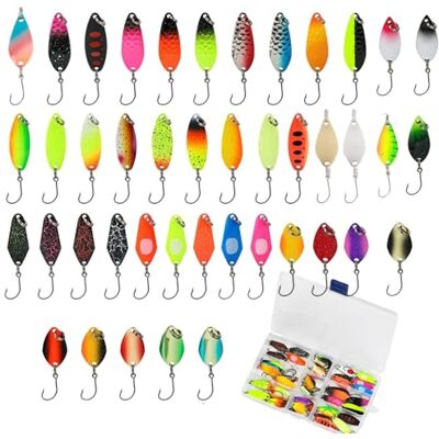 Vaskula Cuillere Peche Truite 43 Pièces Kit de Leurres Artificiels en Métal Cuillère Peche Truite 2.3g/2.8g/3.3g/5g Peche Cuillère avec boîte Convient pour l'eau Douce et l'eau Salée - Publicité Vaskula Cuillere Peche Truite 43 Pièces Kit de Leurres Artificiels en Métal Cuillère Peche Truite 2.3g/2.8g/3.3g/5g Peche Cuillère avec boîte Convient pour l'eau Douce et l'eau Salée - Publicité