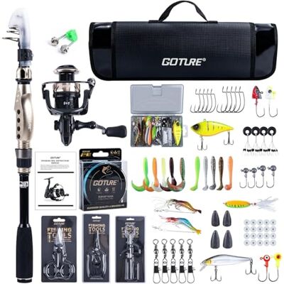 Goture Ensemble de Pêche Professionnel Canne Télescopique en Fibre de Carbone 24T (1.8m-2.7m) + Moulinet Spinning 9+1 Roulements Complet avec Ligne 150m/14kg, Outils et Housse - Publicité Goture Ensemble de Pêche Professionnel Canne Télescopique en Fibre de Carbone 24T (1.8m-2.7m) + Moulinet Spinning 9+1 Roulements Complet avec Ligne 150m/14kg, Outils et Housse - Publicité
