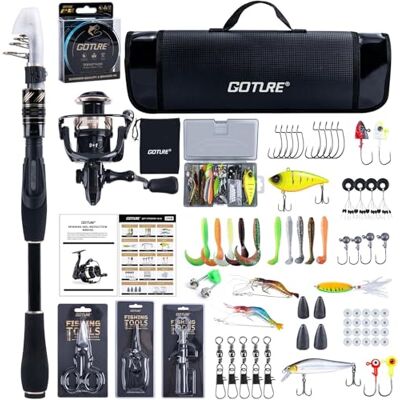 Goture Ensemble de Pêche Professionnel Canne Télescopique en Fibre de Carbone 24T (1.8m-2.7m) + Moulinet Spinning 9+1 Roulements Complet avec Ligne 150m/14kg, Outils et Housse - Publicité Goture Ensemble de Pêche Professionnel Canne Télescopique en Fibre de Carbone 24T (1.8m-2.7m) + Moulinet Spinning 9+1 Roulements Complet avec Ligne 150m/14kg, Outils et Housse - Publicité