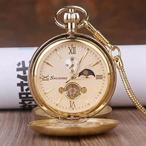 YINGMUZI Montre de Poche mécanique en Phase de Lune dorée numéro Romain Cadran Tourbillon Pendentif chaîne Hommes Femmes Cadeaux pour Papa - Publicité