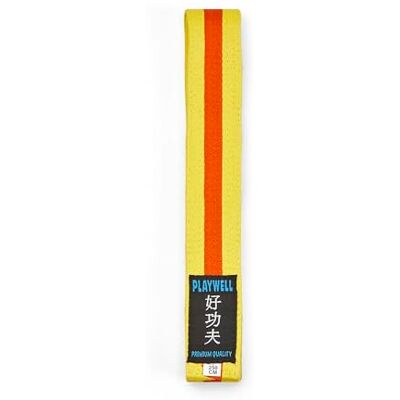 Playwell Ceinture d'arts martiaux en coton coloré avec différentes bandes de couleur – (karaté, judo taekwondo), Ceinture jaune avec rayures oranges, 280cm - Publicité Playwell Ceinture d'arts martiaux en coton coloré avec différentes bandes de couleur – (karaté, judo taekwondo), Ceinture jaune avec rayures oranges, 280cm - Publicité