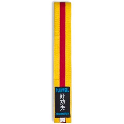 Playwell Ceinture d'arts martiaux en coton coloré avec différentes bandes de couleur – (karaté, judo taekwondo), Ceinture jaune avec rayures rouges, 220cm - Publicité Playwell Ceinture d'arts martiaux en coton coloré avec différentes bandes de couleur – (karaté, judo taekwondo), Ceinture jaune avec rayures rouges, 220cm - Publicité