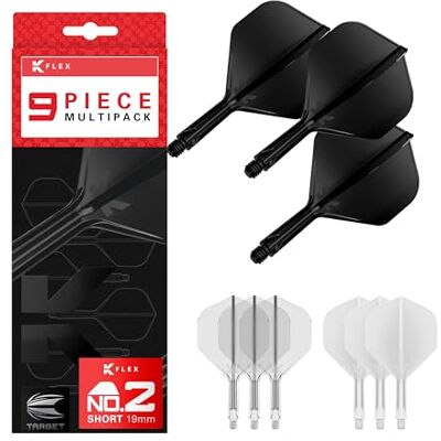 Target Darts K-Flex Integrated Dart Flights and Shafts, Tige Courte (19mm), No.2 Flight, Paquet de 9, Noir, Blanc et Transparent - Publicité Target Darts K-Flex Integrated Dart Flights and Shafts, Tige Courte (19mm), No.2 Flight, Paquet de 9, Noir, Blanc et Transparent - Publicité