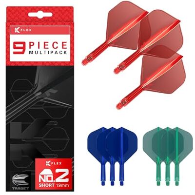 Target Darts K-Flex Integrated Dart Flights and Shafts, Tige Courte (19mm), No.2 Flight, Paquet de 9, Rouge, Bleu et Vert - Publicité Target Darts K-Flex Integrated Dart Flights and Shafts, Tige Courte (19mm), No.2 Flight, Paquet de 9, Rouge, Bleu et Vert - Publicité