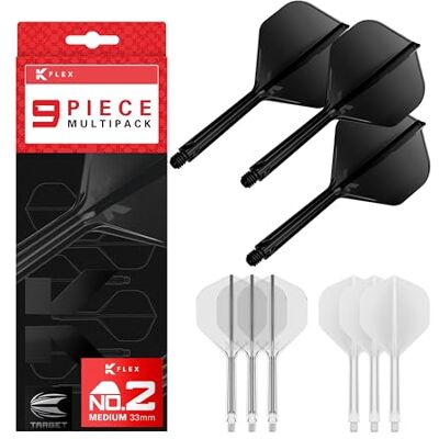 Target Darts K-Flex Integrated Dart Flights and Shafts, Tige Moyenne (33mm), No.2 Flight, Paquet de 9, Noir, Blanc et Transparent - Publicité Target Darts K-Flex Integrated Dart Flights and Shafts, Tige Moyenne (33mm), No.2 Flight, Paquet de 9, Noir, Blanc et Transparent - Publicité