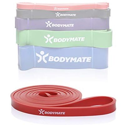 BODYMATE Bandes de fitness premium. Bandes de résistance élastiques. Dimensions : 208 cm x 1,3 cm. Épaisseurs différentes - Publicité BODYMATE Bandes de fitness premium. Bandes de résistance élastiques. Dimensions : 208 cm x 1,3 cm. Épaisseurs différentes - Publicité