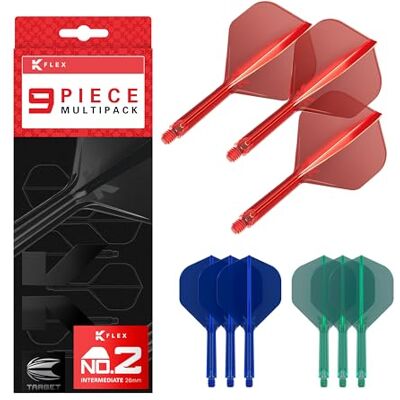 Target Darts K-Flex Integrated Dart Flights and Shafts, Tige intermédiaire (26mm), No.2 Flight, Paquet de 9, Rouge, Bleu et Vert - Publicité Target Darts K-Flex Integrated Dart Flights and Shafts, Tige intermédiaire (26mm), No.2 Flight, Paquet de 9, Rouge, Bleu et Vert - Publicité