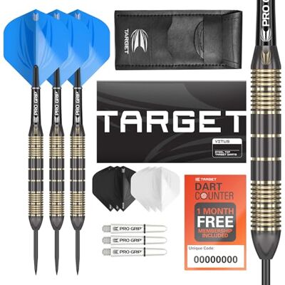 Target Darts Vitus 22G Ensemble de Fléchettes en Laiton avec Pointe en Acier 6 Tiges Pro Grip 9 Ailettes Pro Ultra Étui à Fléchettes - Publicité Target Darts Vitus 22G Ensemble de Fléchettes en Laiton avec Pointe en Acier 6 Tiges Pro Grip 9 Ailettes Pro Ultra Étui à Fléchettes - Publicité