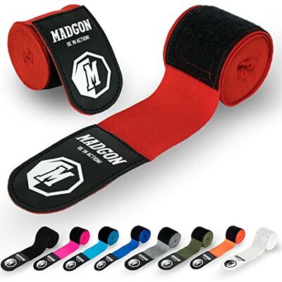 MADGON Bandes Boxe Auto-Agrippantes avec Passe-Pouce de Qualité Supérieure 3 m / 3,8 m / 4,5 m Bandages Boxe pour MMA, Boxe, Kick-Boxing, Entraînements Absorption Optimale de la Sueur - Publicité MADGON Bandes Boxe Auto-Agrippantes avec Passe-Pouce de Qualité Supérieure 3 m / 3,8 m / 4,5 m Bandages Boxe pour MMA, Boxe, Kick-Boxing, Entraînements Absorption Optimale de la Sueur - Publicité