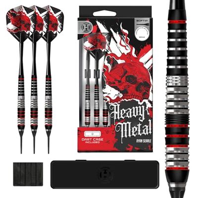 Harrows Ryan Searle Heavy Metal Jeu de fléchettes à pointe souple en acier inoxydable 18 g ou 20 g – Avec tiges Speedline, ailettes 100 microns et étui de fléchettes – Fléchettes robustes à pointe - Publicité Harrows Ryan Searle Heavy Metal Jeu de fléchettes à pointe souple en acier inoxydable 18 g ou 20 g – Avec tiges Speedline, ailettes 100 microns et étui de fléchettes – Fléchettes robustes à pointe - Publicité