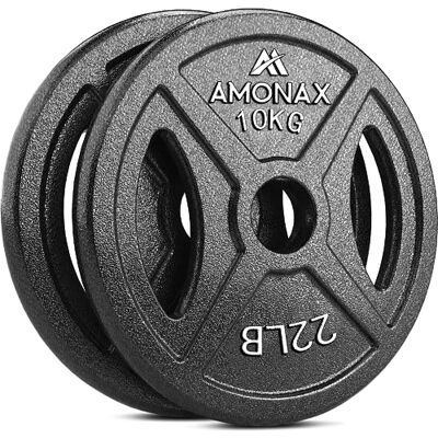 Amonax disque de musculation, plaques de poids de 2,5kg, 5kg, 10kg poids musculation pour barres olympiques 50mm, fonte disques d'haltère pour haltérophilie et hip thrust chez vous - Publicité Amonax disque de musculation, plaques de poids de 2,5kg, 5kg, 10kg poids musculation pour barres olympiques 50mm, fonte disques d'haltère pour haltérophilie et hip thrust chez vous - Publicité