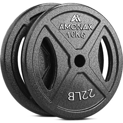Amonax disque de musculation, plaques de poids de 2,5kg, 5kg, 10kg poids musculation pour barres olympiques 50mm, fonte disques d'haltère pour haltérophilie et hip thrust chez vous - Publicité Amonax disque de musculation, plaques de poids de 2,5kg, 5kg, 10kg poids musculation pour barres olympiques 50mm, fonte disques d'haltère pour haltérophilie et hip thrust chez vous - Publicité
