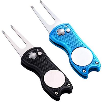 Yizerel Lot de 2 outils de divot de golf pliables en métal (motif poisson) Avec bouton pop-up et marqueur de balle magnétique - Publicité Yizerel Lot de 2 outils de divot de golf pliables en métal (motif poisson) Avec bouton pop-up et marqueur de balle magnétique - Publicité