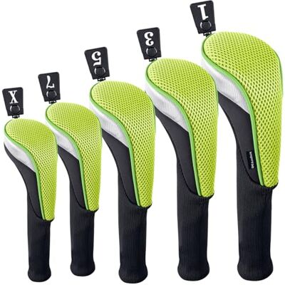 Andux Lot de 5 Couvre-Clubs de Golf 460 CC en Bois de Parcours Long Cou Noir/Vert - Publicité Andux Lot de 5 Couvre-Clubs de Golf 460 CC en Bois de Parcours Long Cou Noir/Vert - Publicité