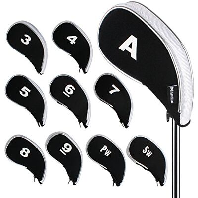 Andux Couvre-Fer Couvre-Clubs de Golf avec Fermeture éclair 10 pièces/Ensemble Noir Blanc - Publicité Andux Couvre-Fer Couvre-Clubs de Golf avec Fermeture éclair 10 pièces/Ensemble Noir Blanc - Publicité