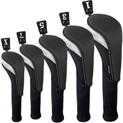 Andux Lot de 5 Couvre-Clubs de Golf 460 CC en Bois de Parcours de Golf à Long Cou Noir/Noir - Publicité Andux Lot de 5 Couvre-Clubs de Golf 460 CC en Bois de Parcours de Golf à Long Cou Noir/Noir - Publicité