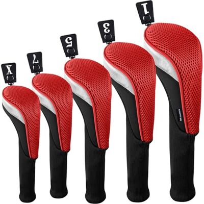 Andux Lot de 5 Couvre-Clubs de Golf 460 CC en Bois de Parcours Long Cou Noir/Rouge - Publicité Andux Lot de 5 Couvre-Clubs de Golf 460 CC en Bois de Parcours Long Cou Noir/Rouge - Publicité