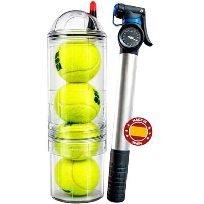 TUBOPLUS TuboX4 Crystal + Pompe avec manomètre Pressurisateur de balles de Tennis et de Padel - Publicité TUBOPLUS TuboX4 Crystal + Pompe avec manomètre Pressurisateur de balles de Tennis et de Padel - Publicité