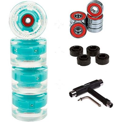 FunTomia Lot de 4 grosses roues de skateboard ou longboard à LED 65 x 45 mm 80 A avecroulements et espaceurs magnétique Mach1®, dureté 80 A, 4x petrol LED Rollen + 1x T-Tool - Publicité FunTomia Lot de 4 grosses roues de skateboard ou longboard à LED 65 x 45 mm 80 A avecroulements et espaceurs magnétique Mach1®, dureté 80 A, 4x petrol LED Rollen + 1x T-Tool - Publicité