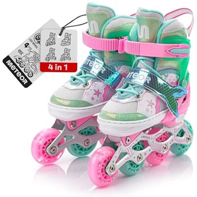 Patins à roulettes pour Enfants 4 en 1 réglables 25-37 – Rollers, quads et Glace – Coque Haute Stable, Roues PU, ABEC-7 – par Meteor - Publicité Patins à roulettes pour Enfants 4 en 1 réglables 25-37 – Rollers, quads et Glace – Coque Haute Stable, Roues PU, ABEC-7 – par Meteor - Publicité
