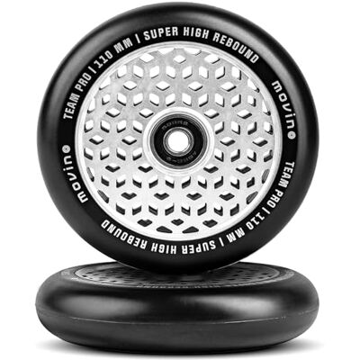 Movino Roues de Trottinette Freestyle Roues de Rechange Roulements ABEC-9 Polyuréthane 88A Honey Core Noir et Argent 110 mm - Publicité Movino Roues de Trottinette Freestyle Roues de Rechange Roulements ABEC-9 Polyuréthane 88A Honey Core Noir et Argent 110 mm - Publicité