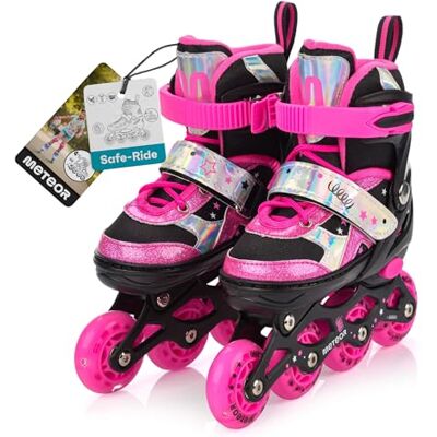 Patins à roulettes pour Enfants 4 en 1 réglables 25-37 – Rollers, quads et Glace – Coque Haute Stable, Roues PU, ABEC-7 – par Meteor - Publicité Patins à roulettes pour Enfants 4 en 1 réglables 25-37 – Rollers, quads et Glace – Coque Haute Stable, Roues PU, ABEC-7 – par Meteor - Publicité