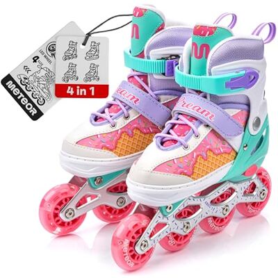 Patins à roulettes pour Enfants 4 en 1 réglables 25-37 – Rollers, quads et Glace – Coque Haute Stable, Roues PU, ABEC-7 – par Meteor - Publicité Patins à roulettes pour Enfants 4 en 1 réglables 25-37 – Rollers, quads et Glace – Coque Haute Stable, Roues PU, ABEC-7 – par Meteor - Publicité