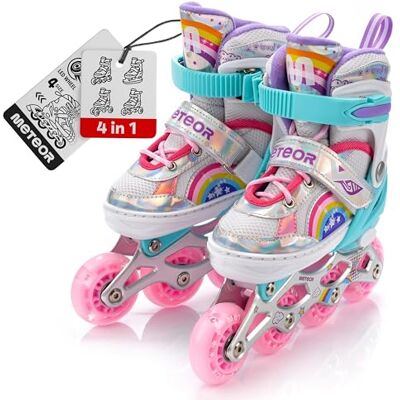 Patins à roulettes pour Enfants 4 en 1 réglables 25-37 – Rollers, quads et Glace – Coque Haute Stable, Roues PU, ABEC-7 – par Meteor - Publicité Patins à roulettes pour Enfants 4 en 1 réglables 25-37 – Rollers, quads et Glace – Coque Haute Stable, Roues PU, ABEC-7 – par Meteor - Publicité
