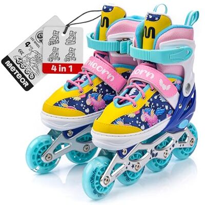 Patins à roulettes pour Enfants 4 en 1 réglables 25-37 – Rollers, quads et Glace – Coque Haute Stable, Roues PU, ABEC-7 – par Meteor - Publicité Patins à roulettes pour Enfants 4 en 1 réglables 25-37 – Rollers, quads et Glace – Coque Haute Stable, Roues PU, ABEC-7 – par Meteor - Publicité