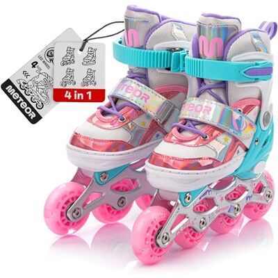 Patins à roulettes pour Enfants 4 en 1 réglables 25-37 – Rollers, quads et Glace – Coque Haute Stable, Roues PU, ABEC-7 – par Meteor - Publicité Patins à roulettes pour Enfants 4 en 1 réglables 25-37 – Rollers, quads et Glace – Coque Haute Stable, Roues PU, ABEC-7 – par Meteor - Publicité