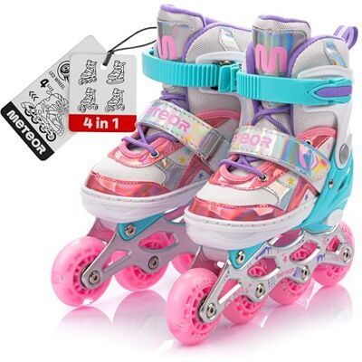 Patins à roulettes pour Enfants 4 en 1 réglables 25-37 – Rollers, quads et Glace – Coque Haute Stable, Roues PU, ABEC-7 – par Meteor - Publicité Patins à roulettes pour Enfants 4 en 1 réglables 25-37 – Rollers, quads et Glace – Coque Haute Stable, Roues PU, ABEC-7 – par Meteor - Publicité