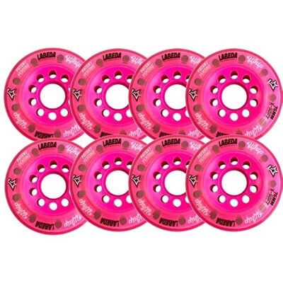 Labeda Whips Lot de 8 roues de hockey à roulettes X-Soft Hilo Rose 76 mm/80 mm avec entretoises Evo - Publicité Labeda Whips Lot de 8 roues de hockey à roulettes X-Soft Hilo Rose 76 mm/80 mm avec entretoises Evo - Publicité